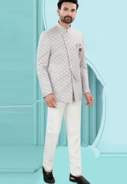 Woven Art Silk Jacquard Jodhpuri Jacket in Light Grey