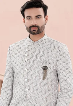 Woven Art Silk Jacquard Jodhpuri Jacket in Light Grey