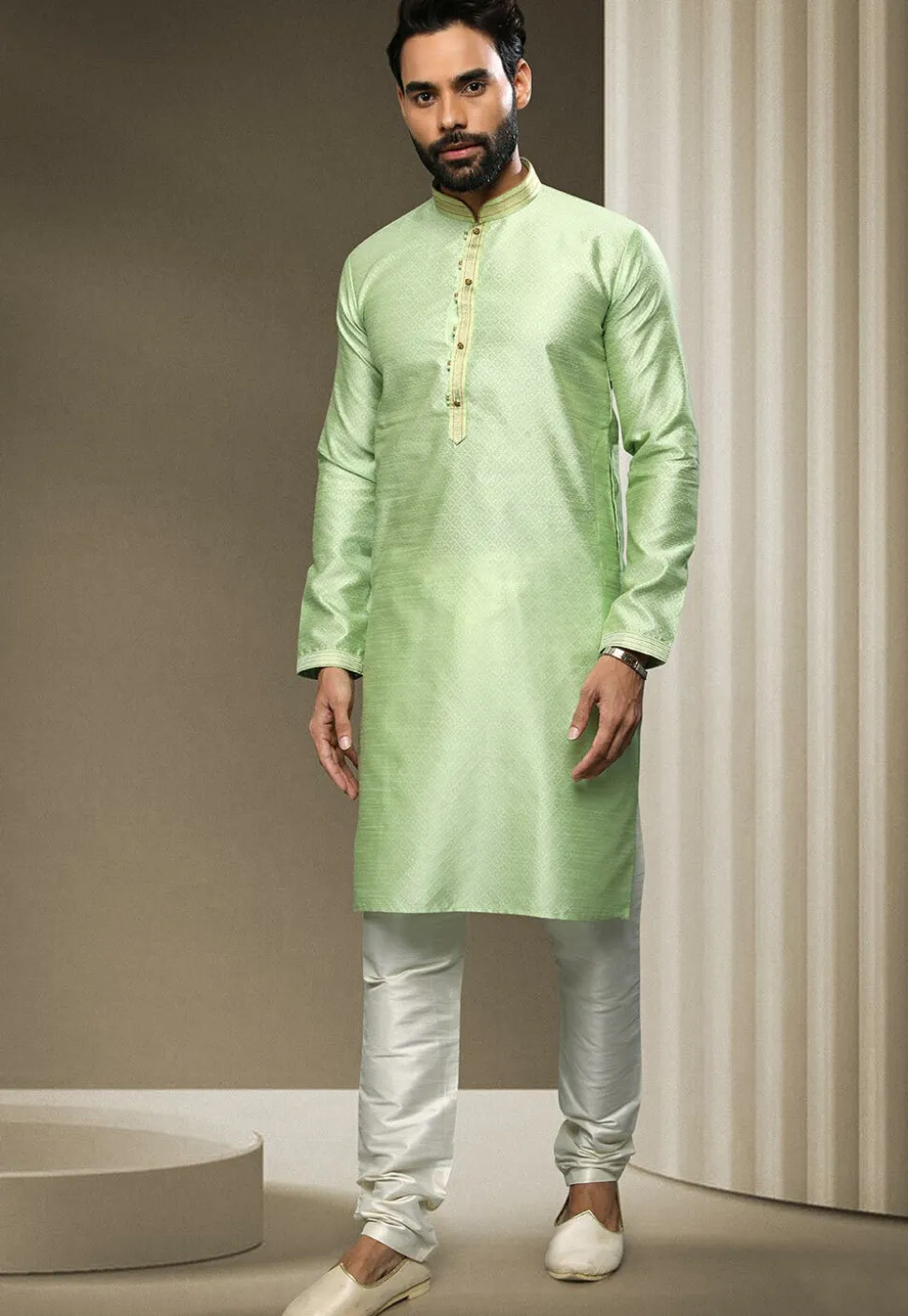 Woven Art Silk Jacquard Kurta Set in Light Green