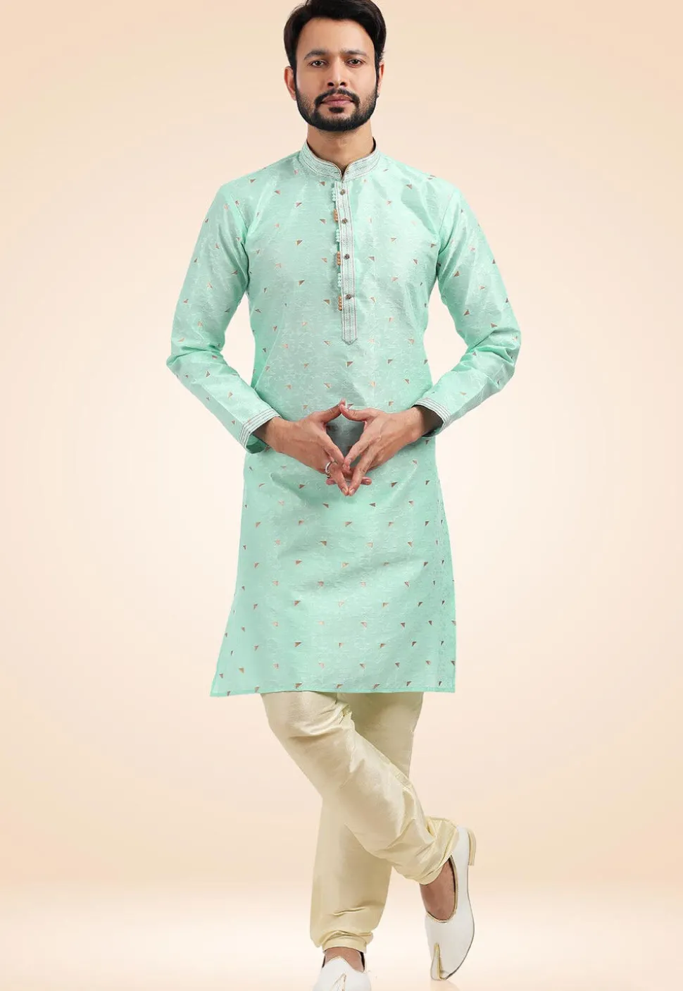 Woven Art Silk Jacquard Kurta Set in Sea Green