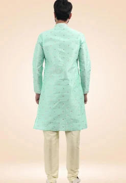 Woven Art Silk Jacquard Kurta Set in Sea Green