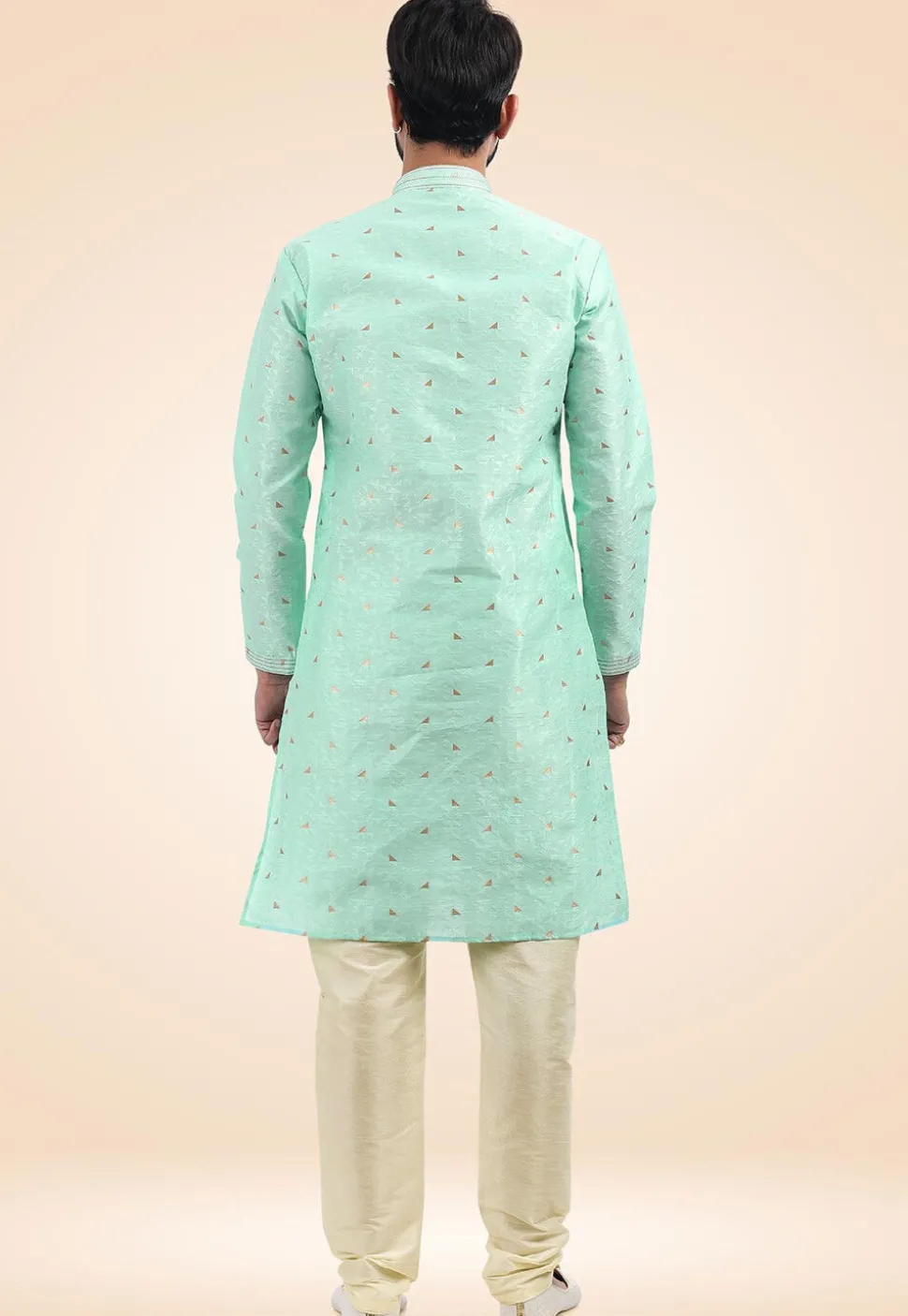Woven Art Silk Jacquard Kurta Set in Sea Green