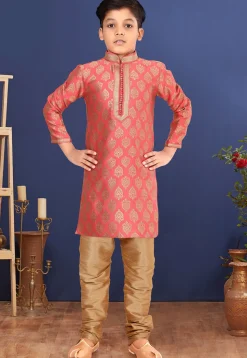 Woven Art Silk Jacquard Kurta Set in Peach