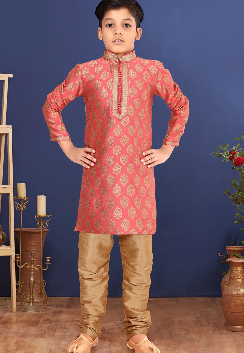 Woven Art Silk Jacquard Kurta Set in Peach
