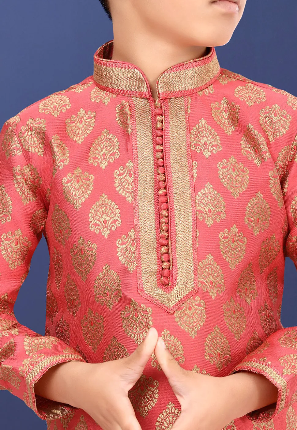 Woven Art Silk Jacquard Kurta Set in Peach