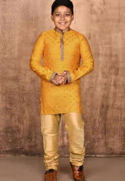 Woven Art Silk Jacquard Kurta Set in Mustard