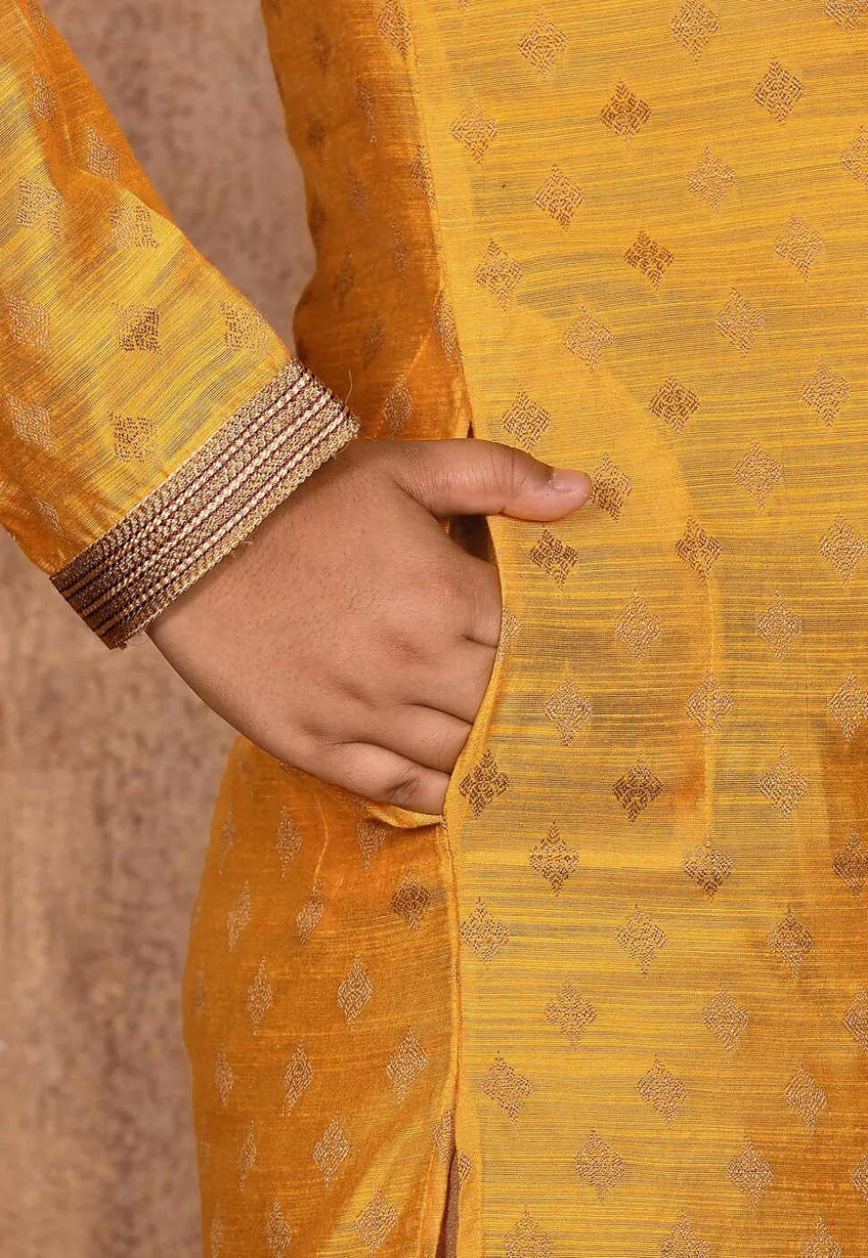 Woven Art Silk Jacquard Kurta Set in Mustard