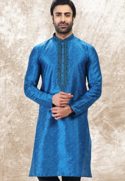 Woven Art Silk Jacquard Kurta in Royal Blue