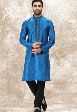 Woven Art Silk Jacquard Kurta in Royal Blue