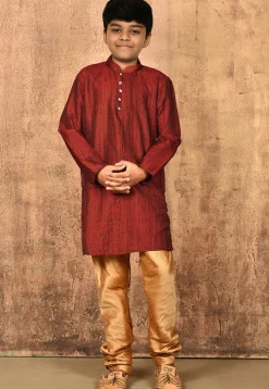 Woven Art Silk Jacquard Kurta in Red
