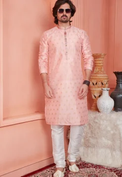 Woven Art Silk Jacquard Kurta Set in Peach