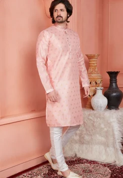 Woven Art Silk Jacquard Kurta Set in Peach