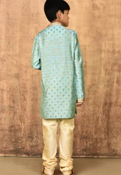 Woven Art Silk Jacquard Kurta Set in Sky Blue