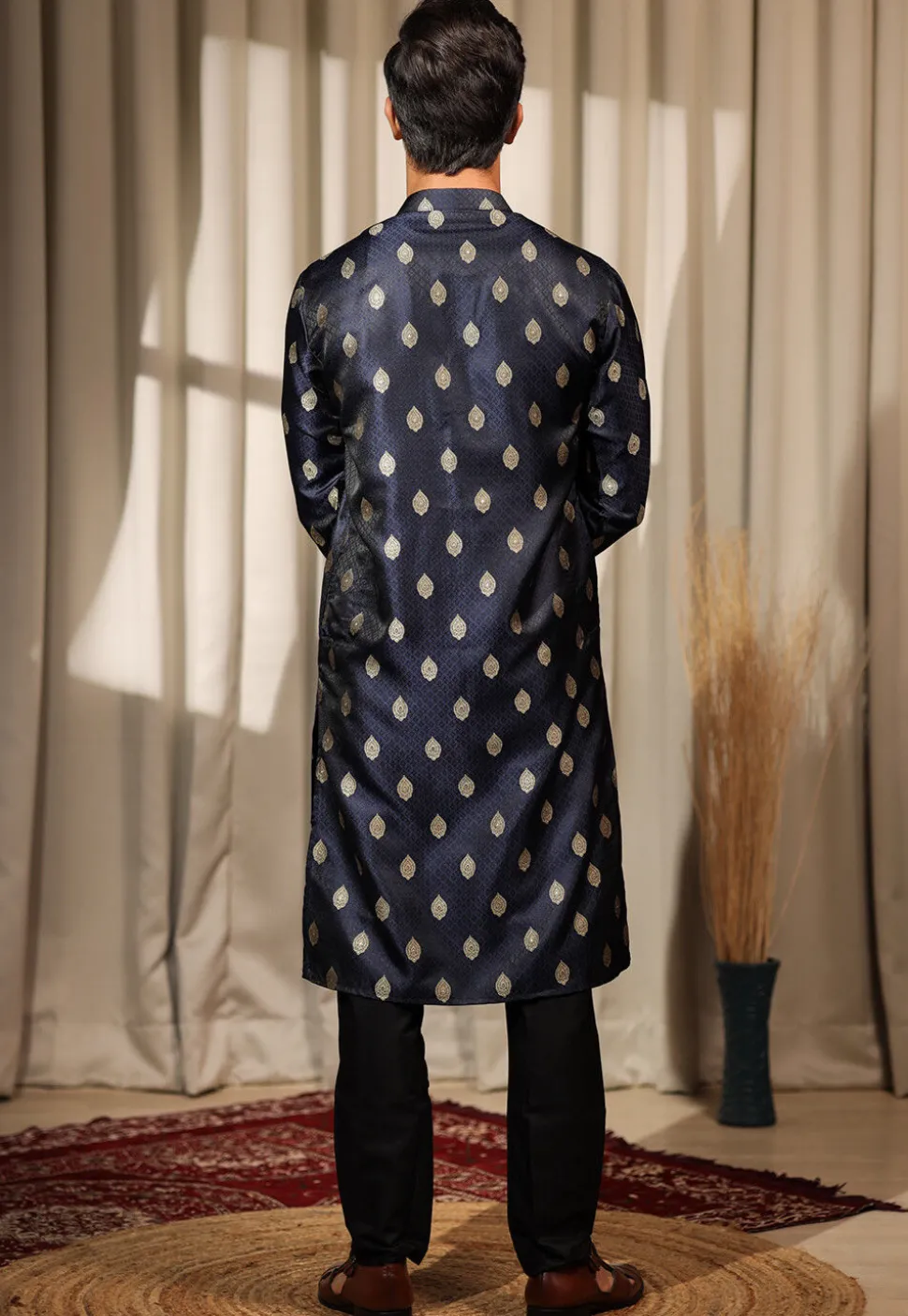 Woven Art Silk Jacquard Kurta Set in Navy Blue