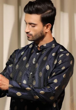 Woven Art Silk Jacquard Kurta Set in Navy Blue