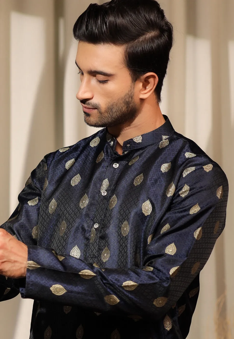 Woven Art Silk Jacquard Kurta Set in Navy Blue