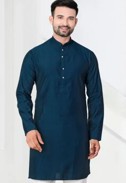 Woven Art Silk Jacquard Kurta in Teal Blue