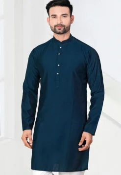 Woven Art Silk Jacquard Kurta in Teal Blue