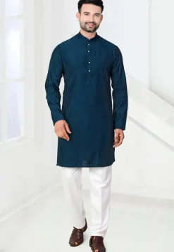 Woven Art Silk Jacquard Kurta in Teal Blue