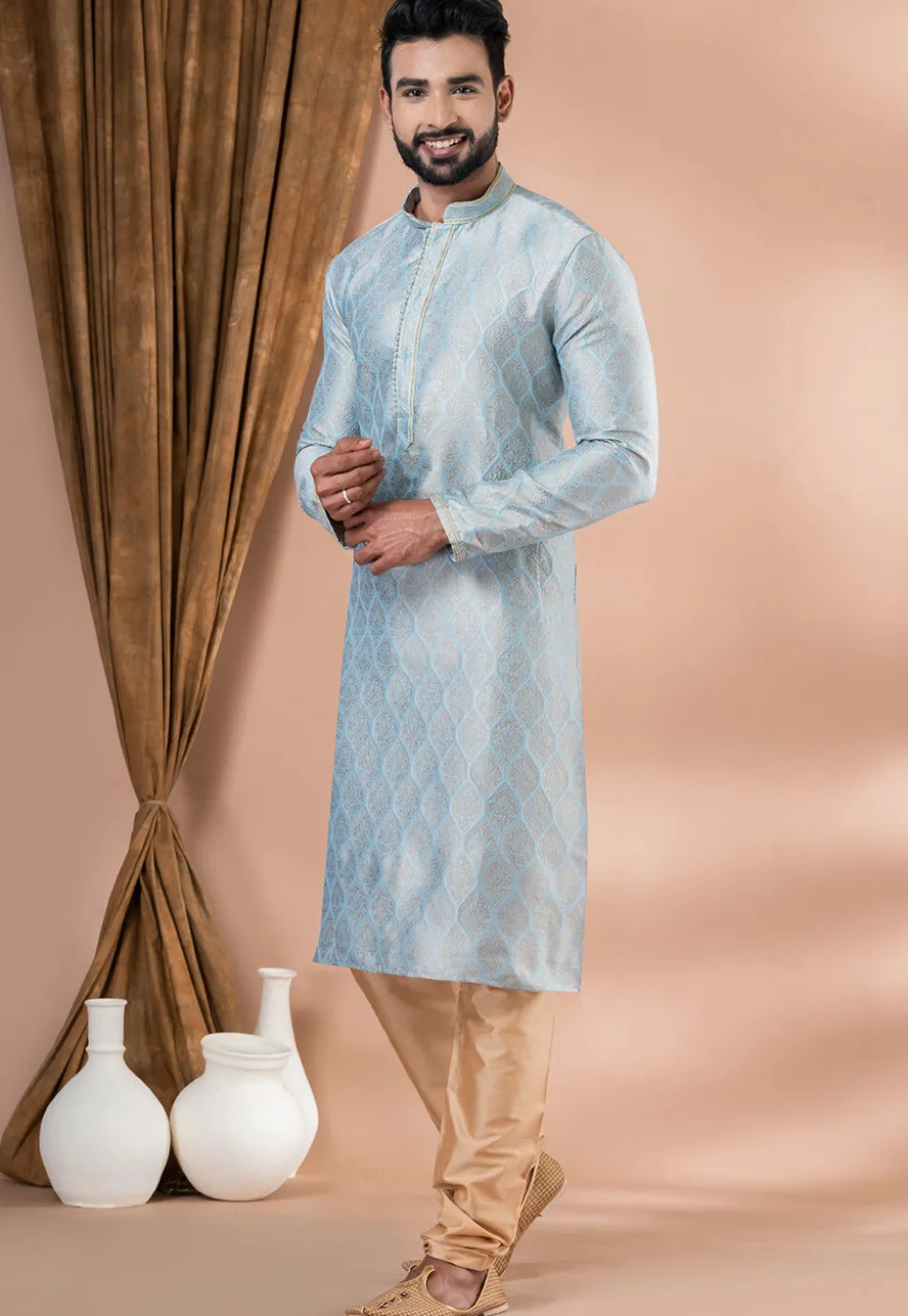 Woven Art Silk Jacquard Kurta Set in Sky Blue