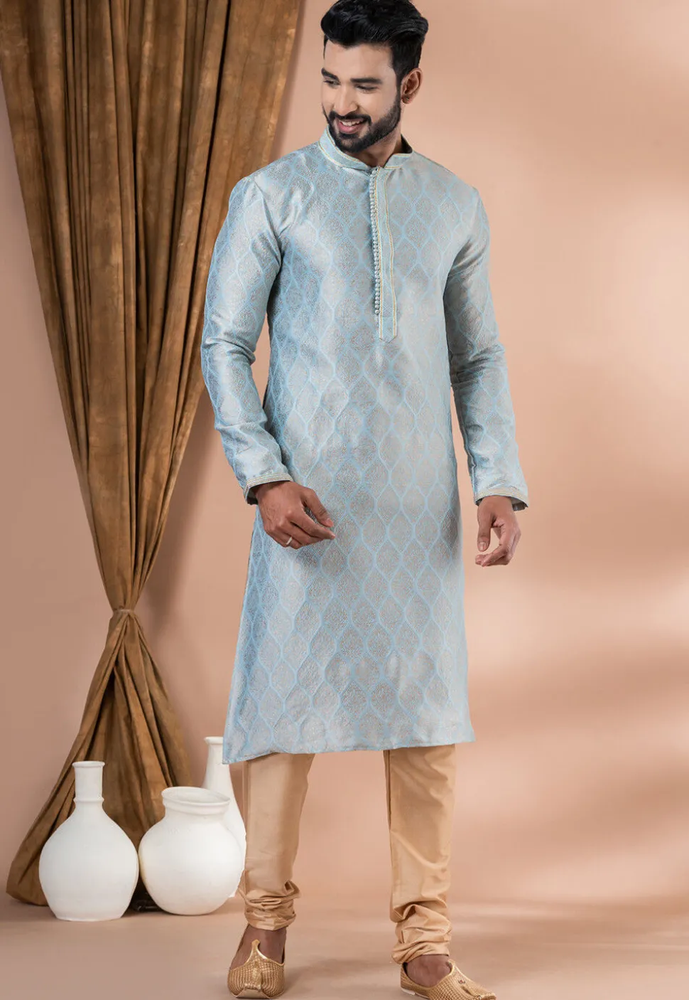 Woven Art Silk Jacquard Kurta Set in Sky Blue