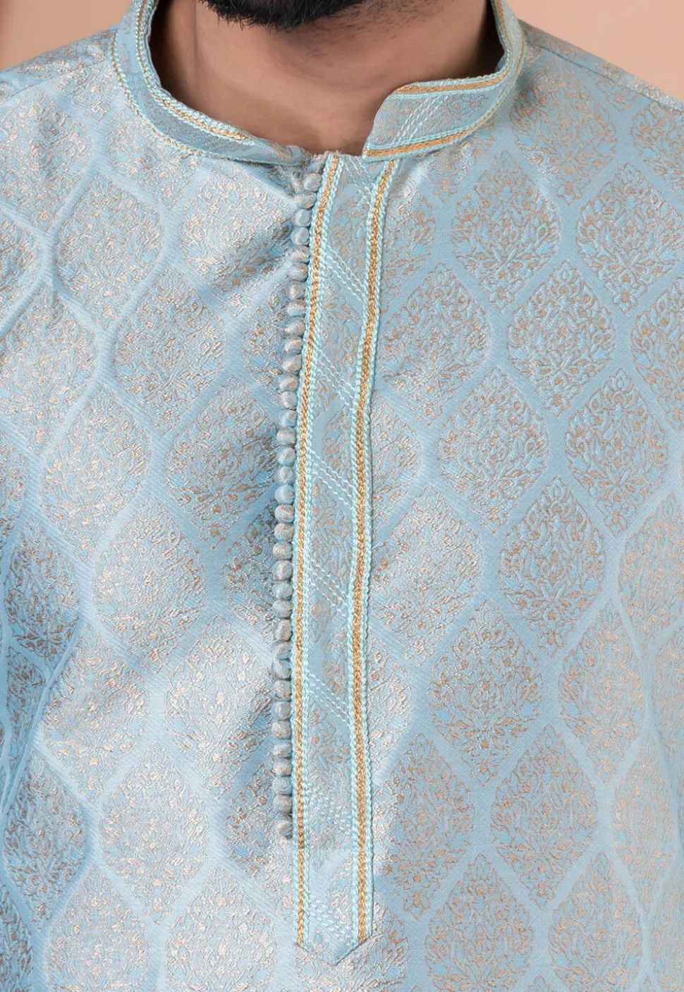 Woven Art Silk Jacquard Kurta Set in Sky Blue