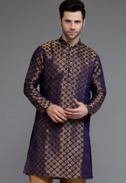 Woven Art Silk Jacquard Kurta in Navy Blue