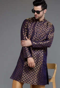 Woven Art Silk Jacquard Kurta in Navy Blue