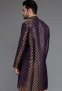 Woven Art Silk Jacquard Kurta in Navy Blue