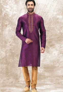 Woven Art Silk Jacquard Kurta Set in Purple