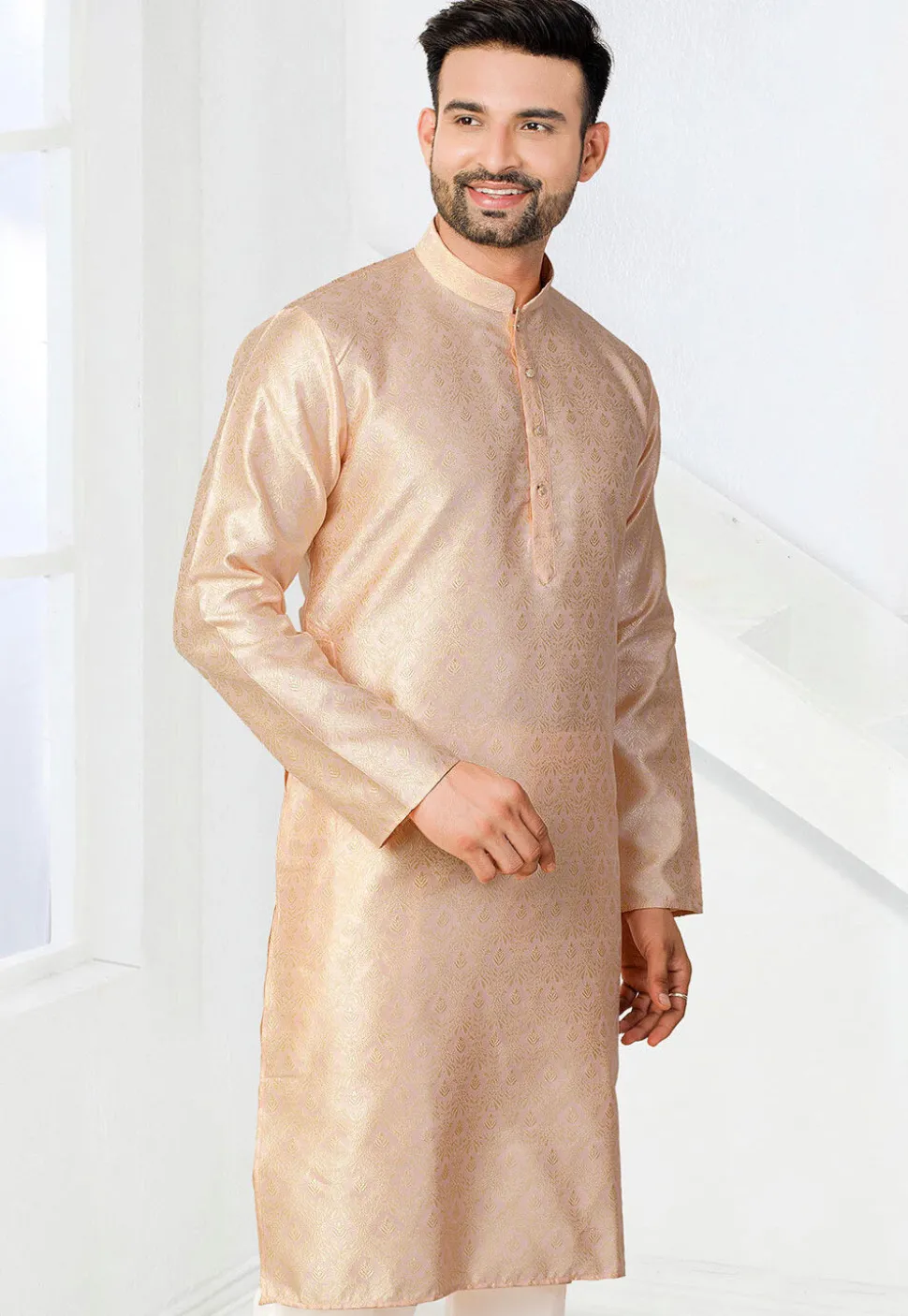 Woven Art Silk Jacquard Kurta in Peach
