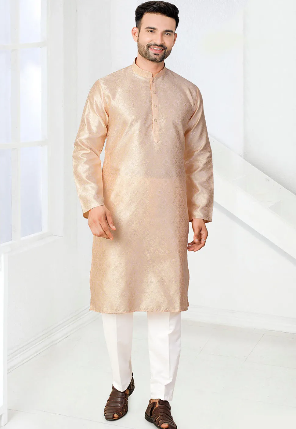 Woven Art Silk Jacquard Kurta in Peach