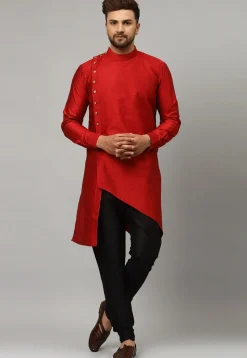 Woven Art Silk Jacquard Kurta Set in Maroon