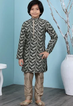 Woven Art Silk Jacquard Kurta Set in Dark Green