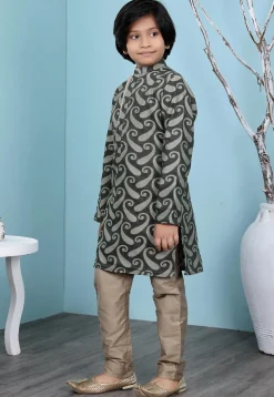 Woven Art Silk Jacquard Kurta Set in Dark Green
