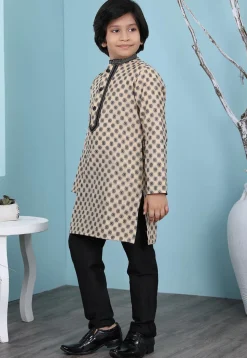 Woven Art Silk Jacquard Kurta Set in Beige
