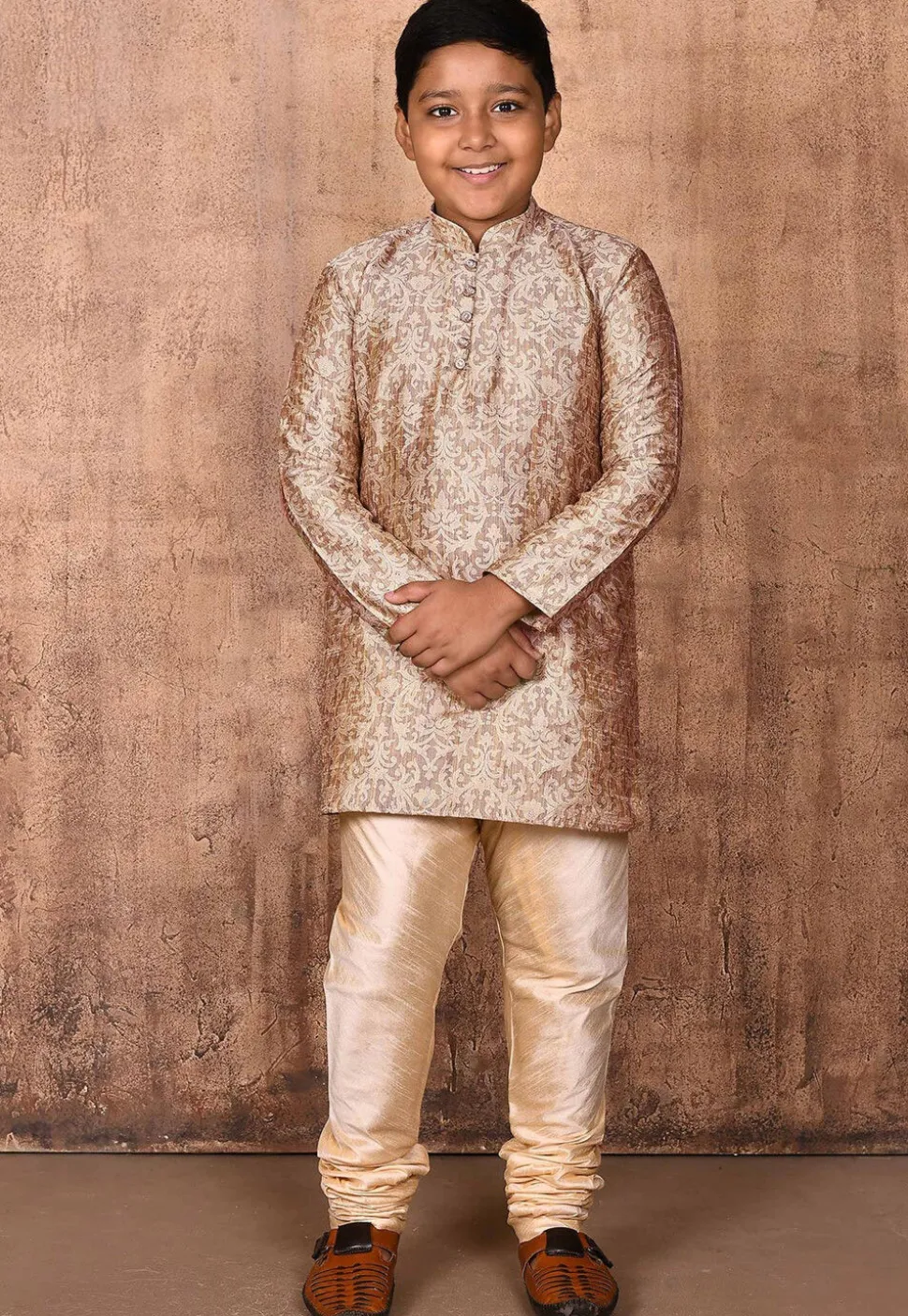 Woven Art Silk Jacquard Kurta in Beige