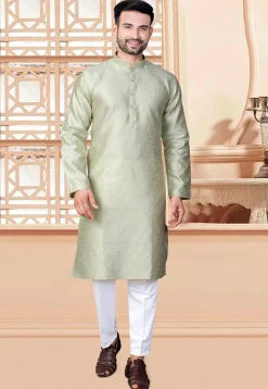 Woven Art Silk Jacquard Kurta Set in Sea Green