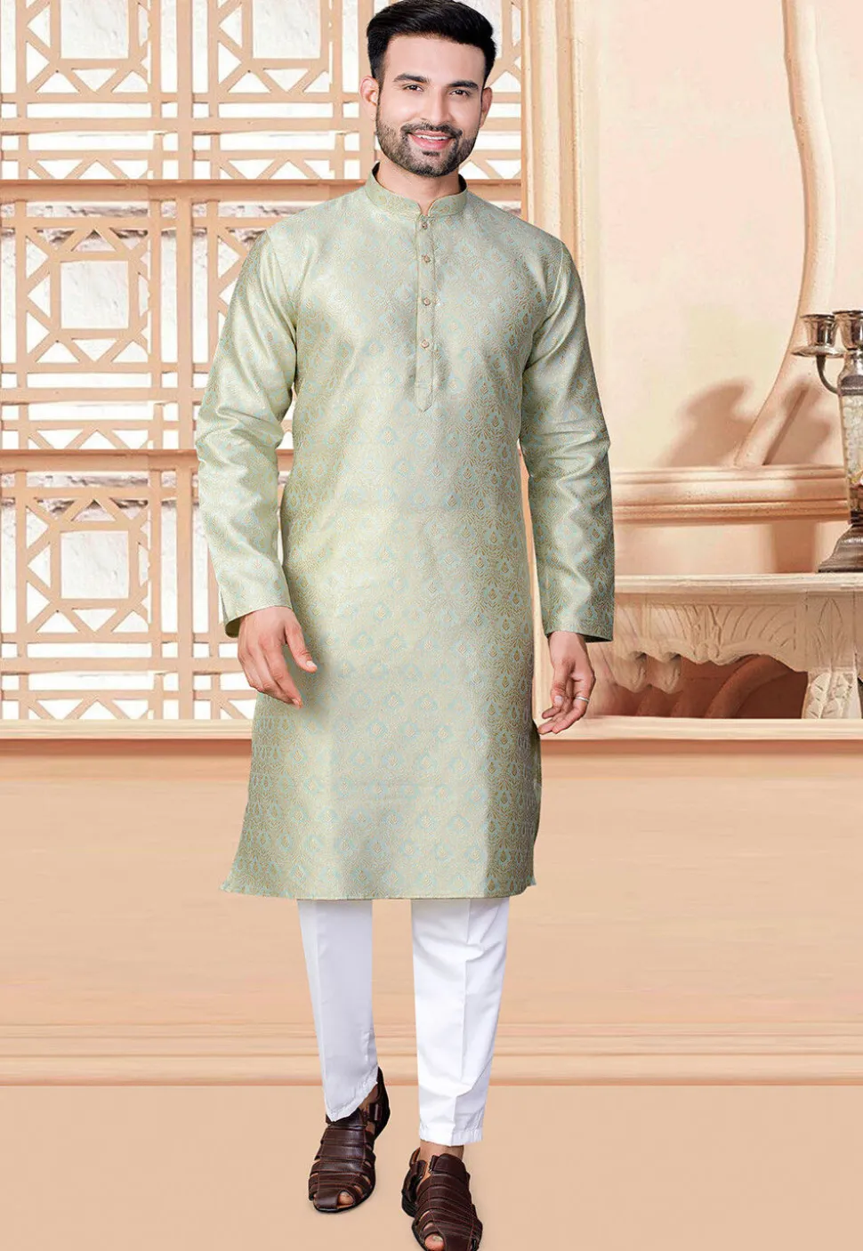 Woven Art Silk Jacquard Kurta Set in Sea Green