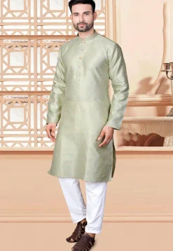 Woven Art Silk Jacquard Kurta Set in Sea Green