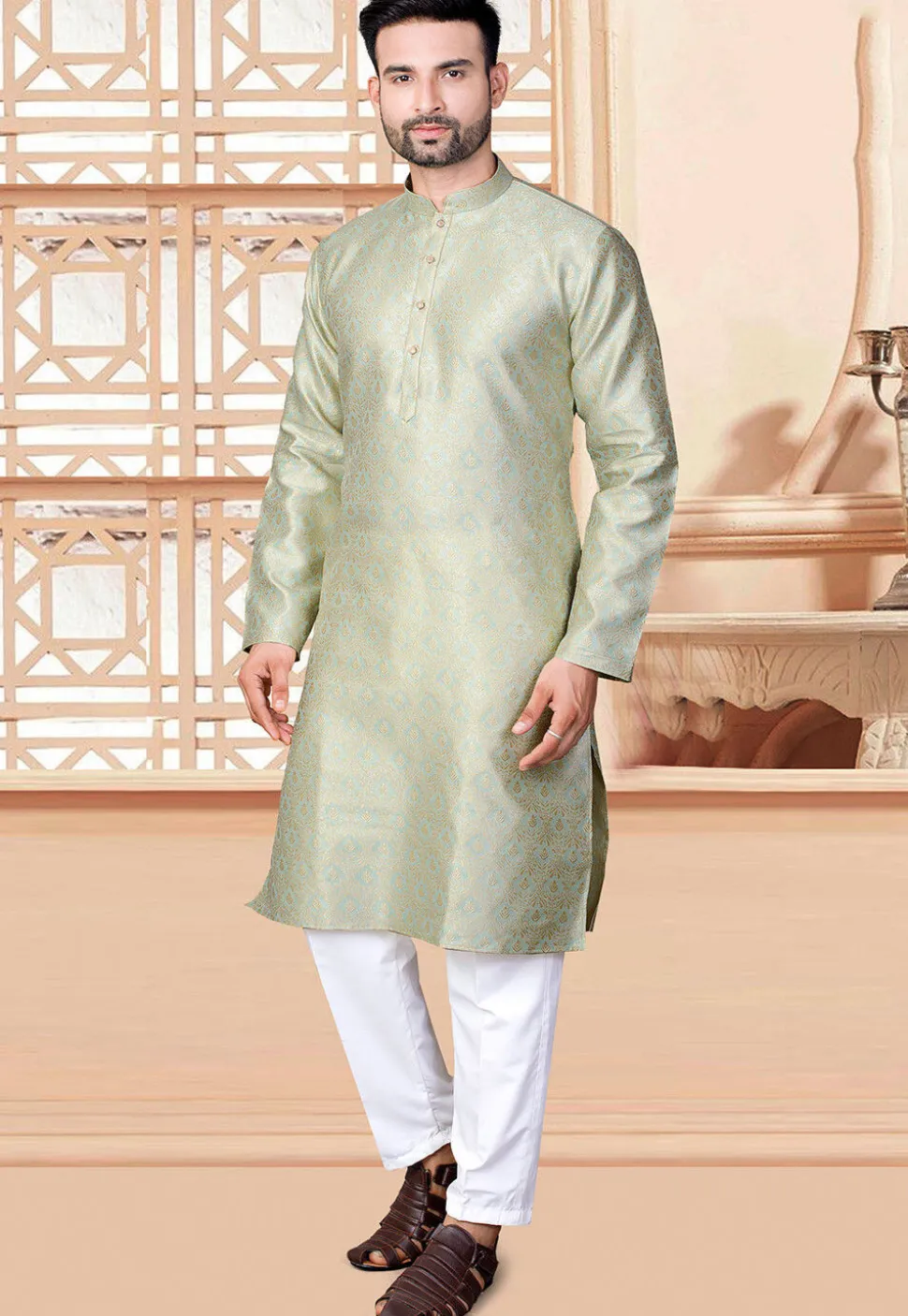 Woven Art Silk Jacquard Kurta Set in Sea Green