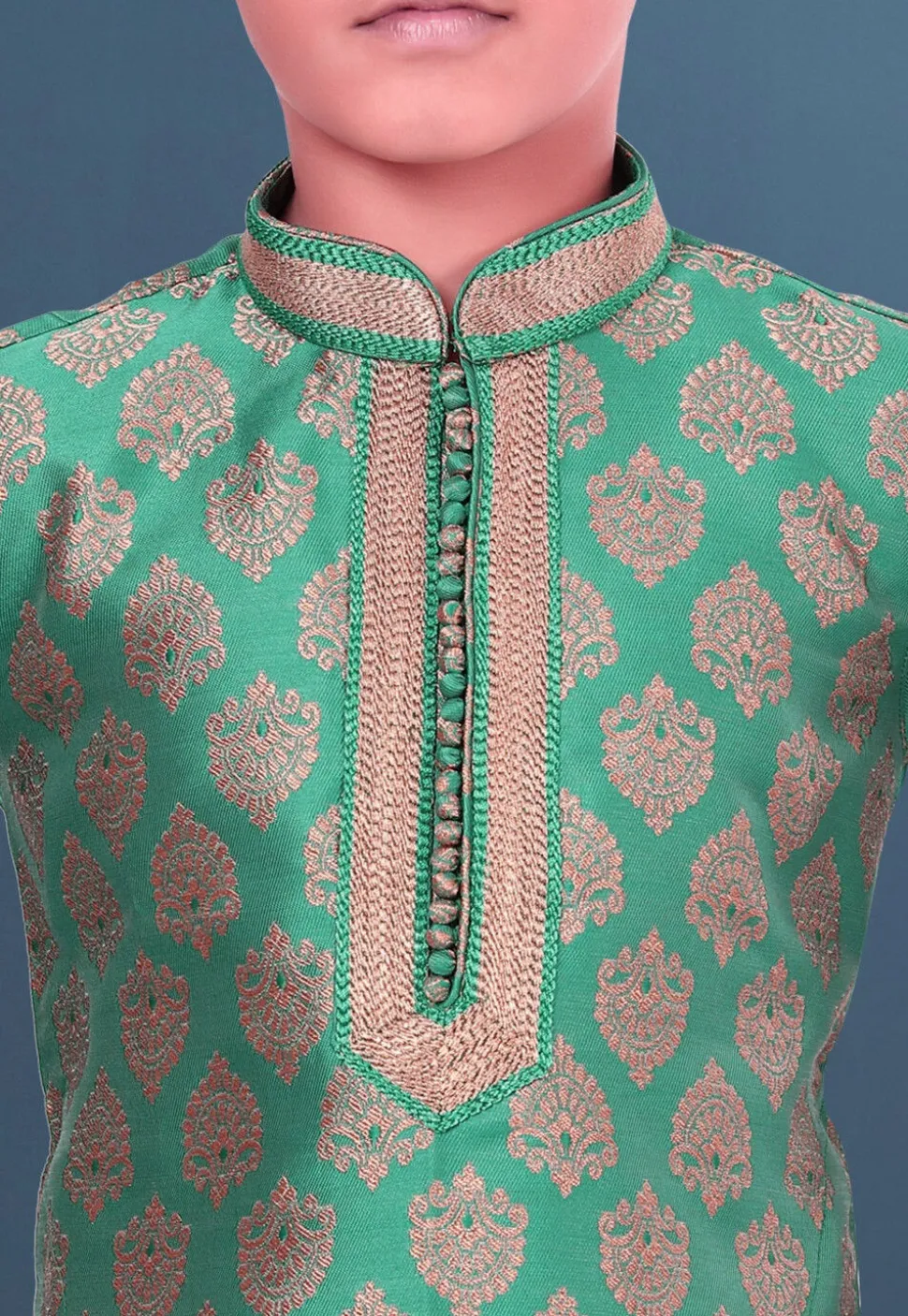 Woven Art Silk Jacquard Kurta Set in Teal Green