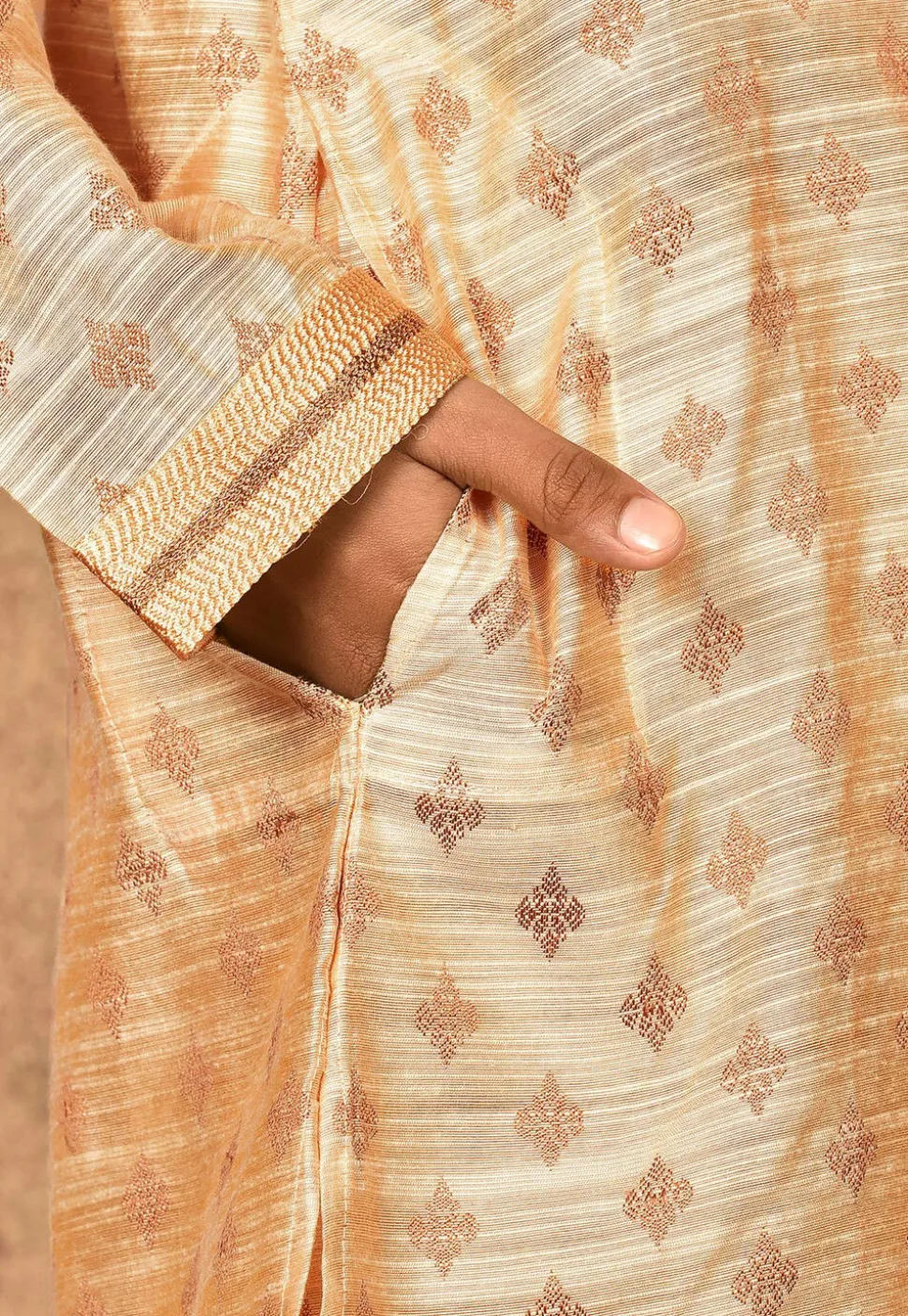 Woven Art Silk Jacquard Kurta in Beige