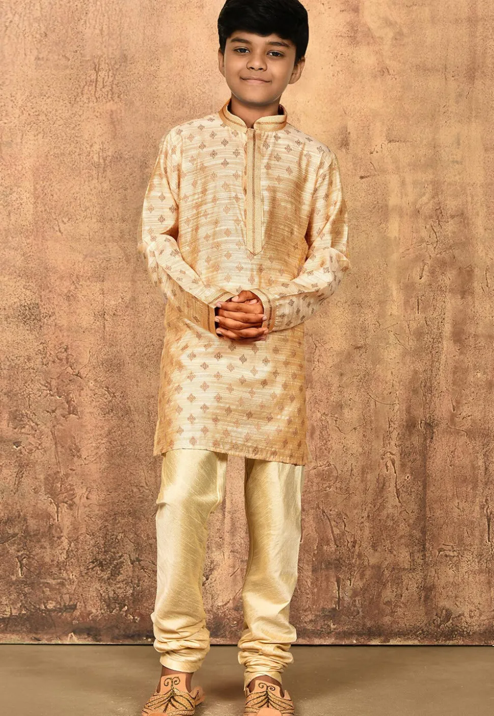 Woven Art Silk Jacquard Kurta in Beige