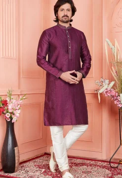 Woven Art Silk Jacquard Kurta Set in Wine
