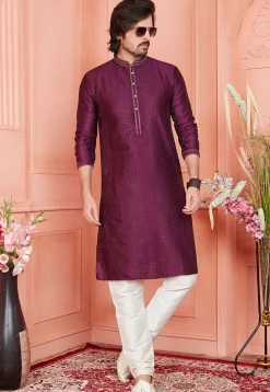 Woven Art Silk Jacquard Kurta Set in Wine