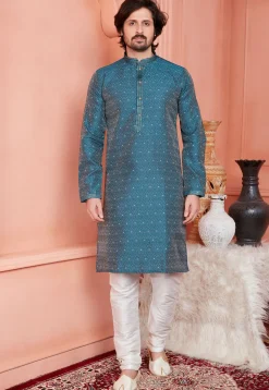 Woven Art Silk Jacquard Kurta Set in Teal Blue