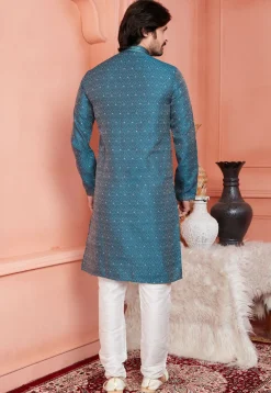 Woven Art Silk Jacquard Kurta Set in Teal Blue