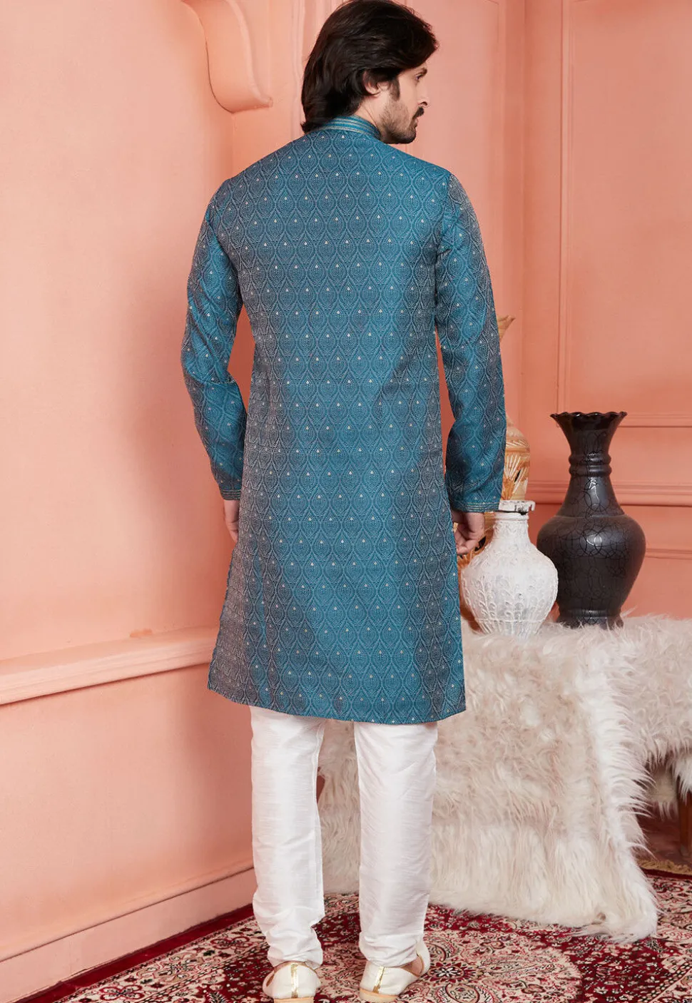 Woven Art Silk Jacquard Kurta Set in Teal Blue