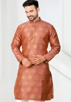 Woven Art Silk Jacquard Kurta in Peach